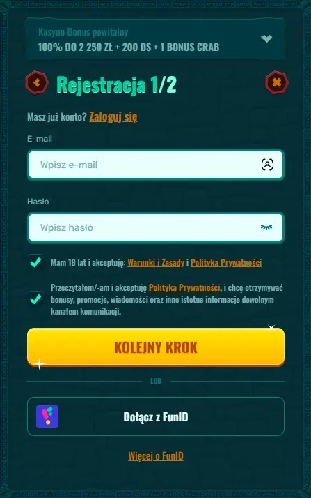formularz rejestracyjny Casino spinanga drugi krok